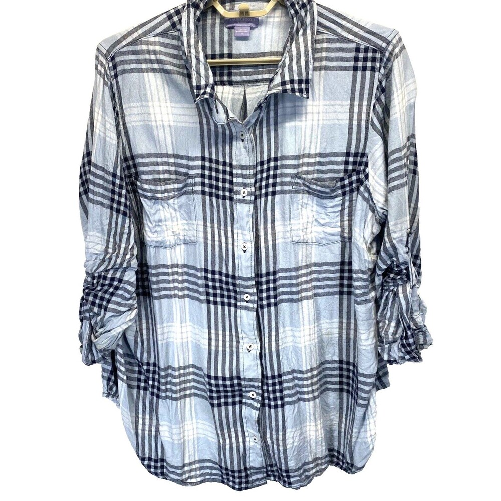 Laura Scott Shirt Women 1X Plaid Button Up Long Roll Tab Sleeves Blouse RN15099